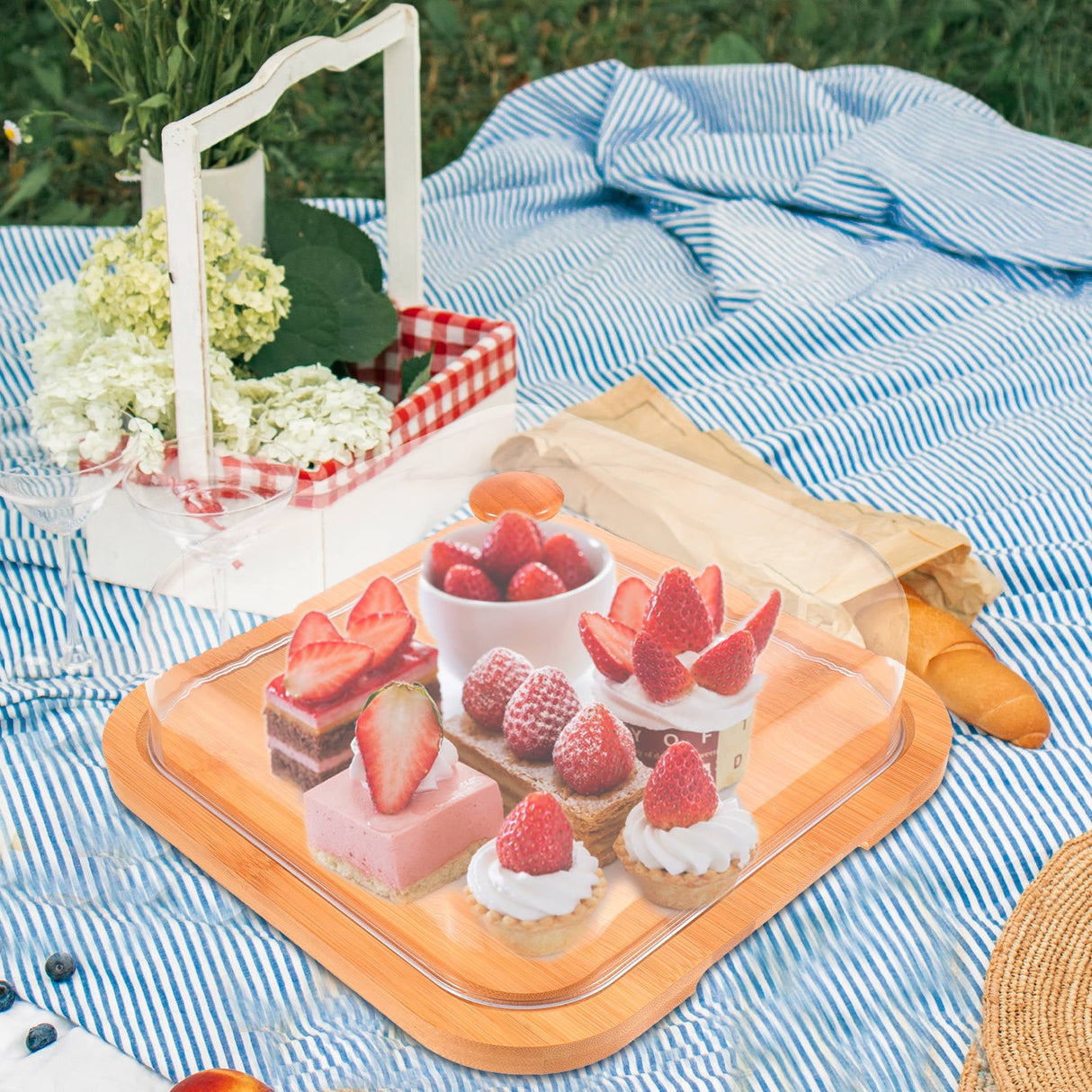 Bamboo Cake Serving Set Food Cover With Elegant Design For Set 10.2X10.2X5.1In