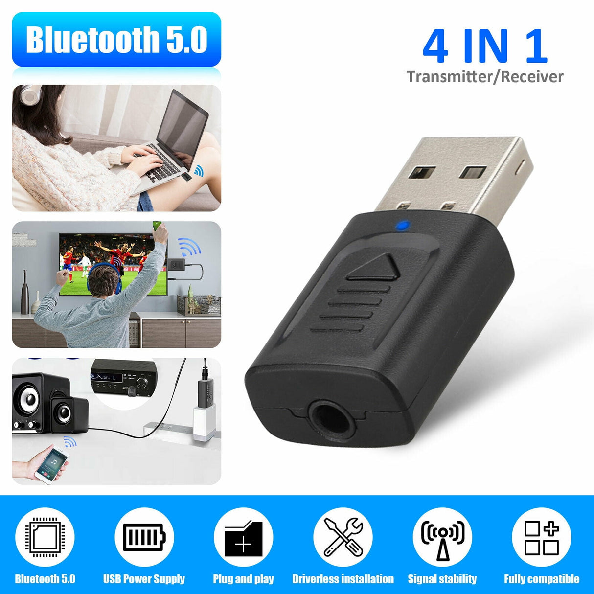 4 IN 1 5.0 Bluetooth Adapter USB Wireless Bluetooth Sender Receiver Music Audio for TV Portable 3.5mm AUX Adaptor