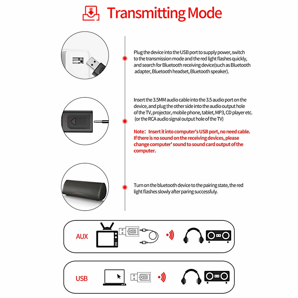 4 IN 1 5.0 Bluetooth Adapter USB Wireless Bluetooth Sender Receiver Music Audio for TV Portable 3.5mm AUX Adaptor