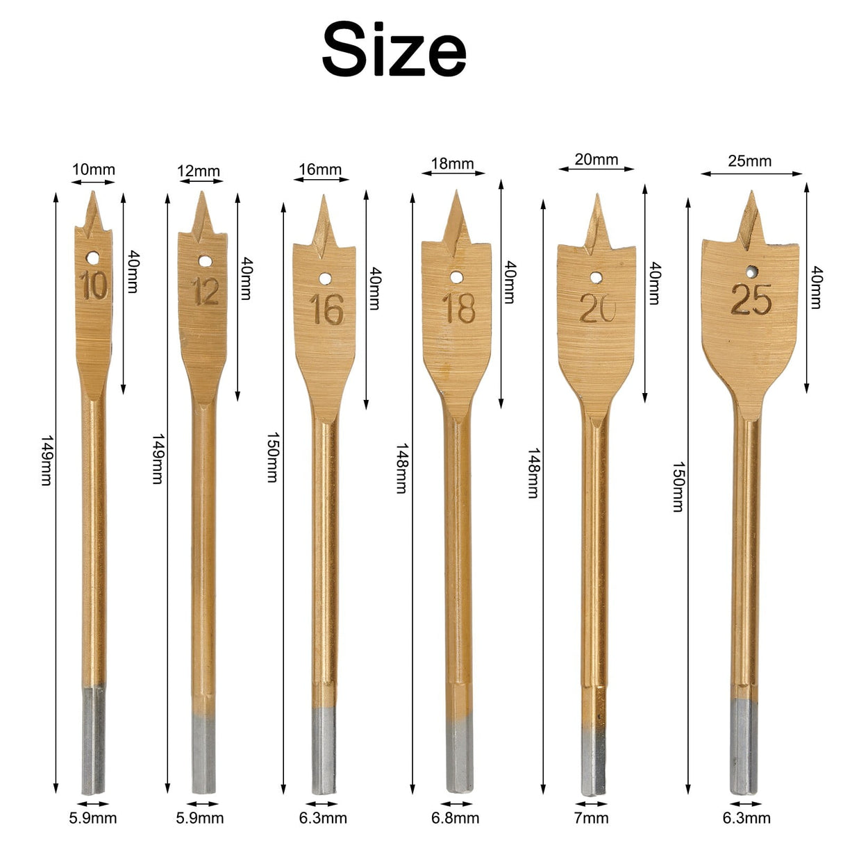 6Pcs Spade Flat Wood Drill Bit Woodworking Hex Shank Metric 10-25Mm