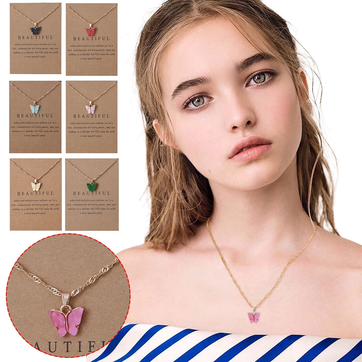 Colorful Acrylic Butterfly Pendant Necklace Bohemian Adjustable Retro Card Clavicle Chain Insect Animal Necklace for Women Friend Friendship Party Jewelry Gift Black