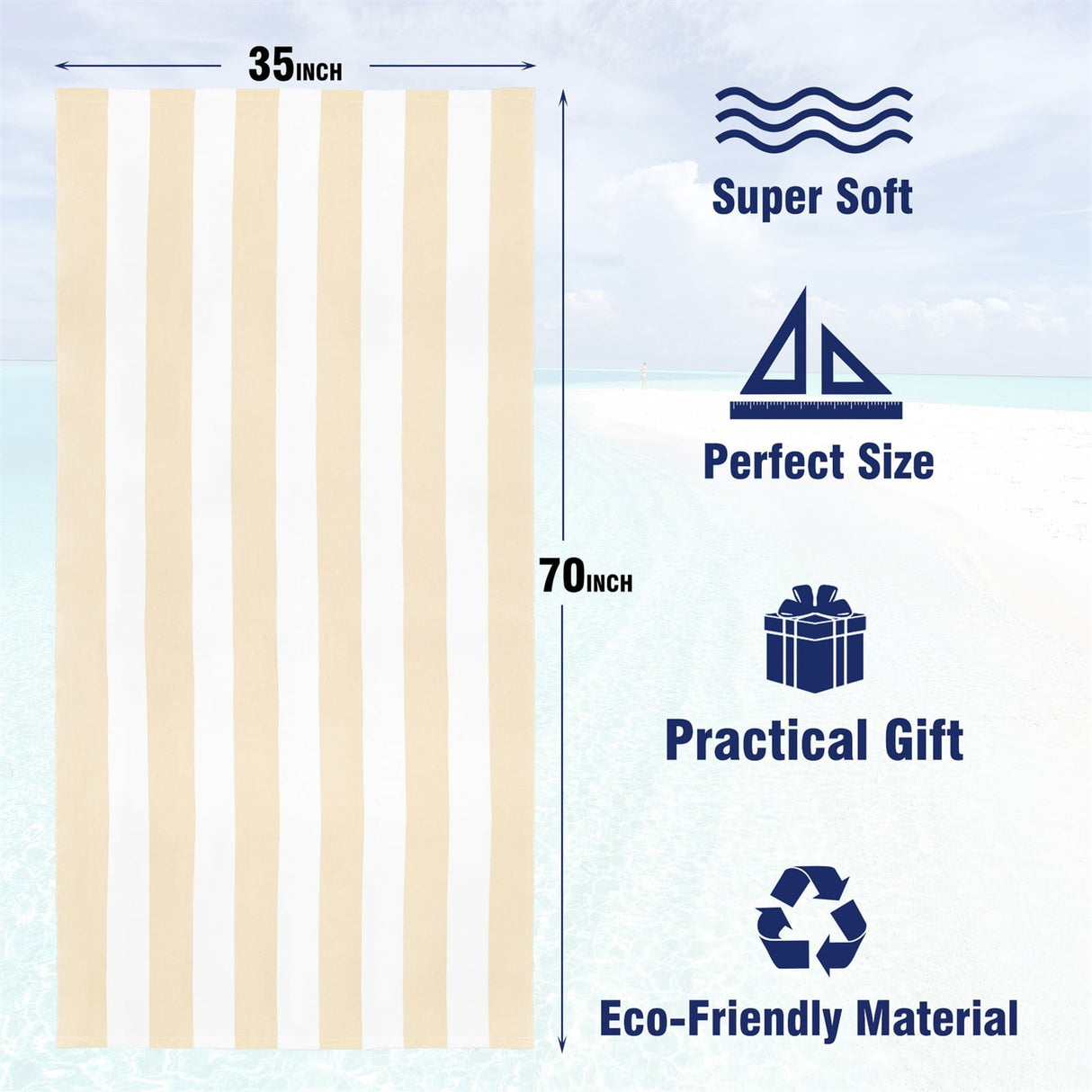 Large Oversized Striped Cotton Beach Towel, Soft Cabana Swimming Pool Towel for Adults, Beige, 89 x 178 cm