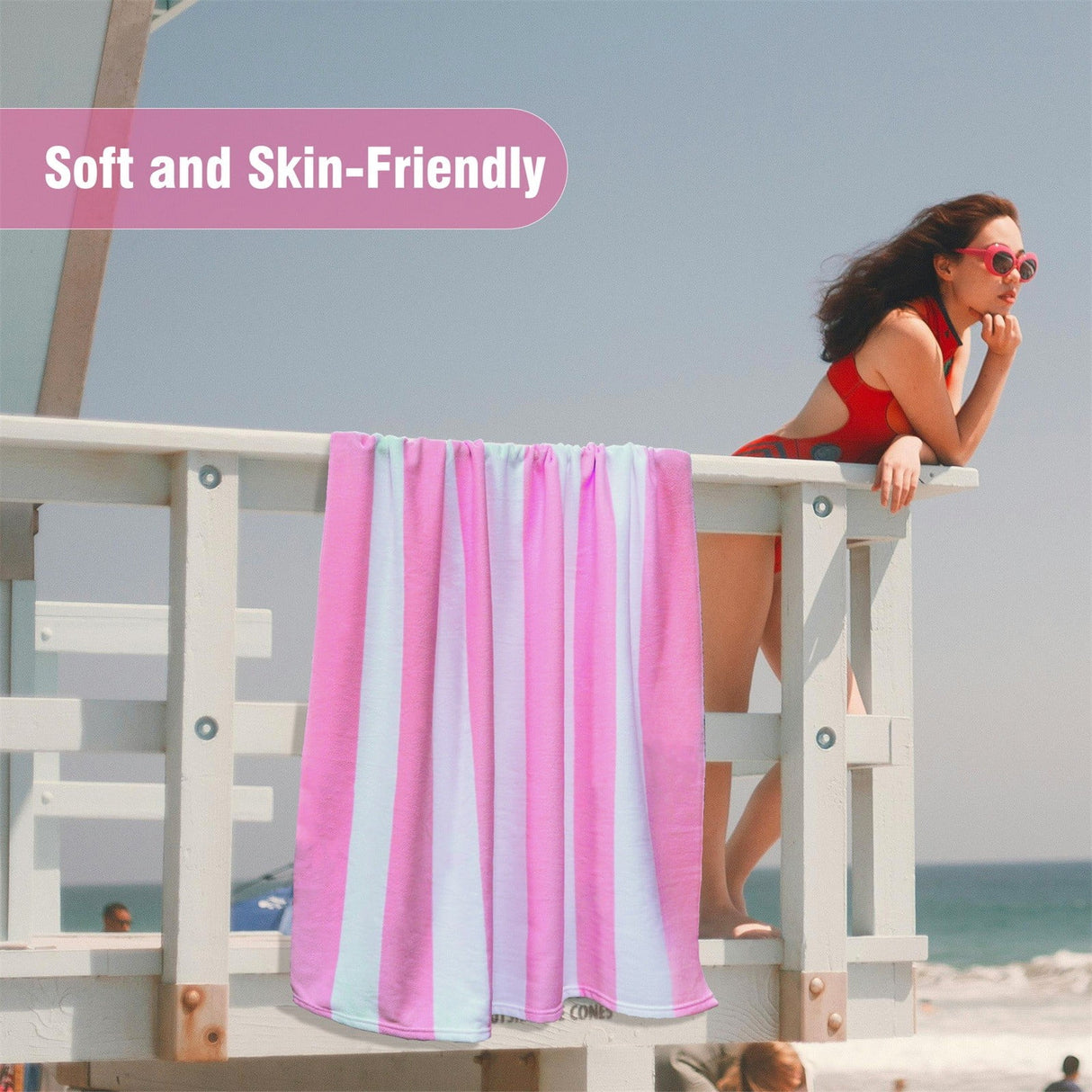 Large Oversized Striped Cotton Beach Towel, Soft Cabana Swimming Pool Towel for Adults, Beige, 89 x 178 cm