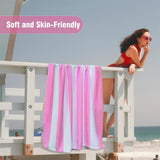 Large Oversized Striped Cotton Beach Towel, Soft Cabana Swimming Pool Towel for Adults, Beige, 89 x 178 cm - 45-Degree Angle
