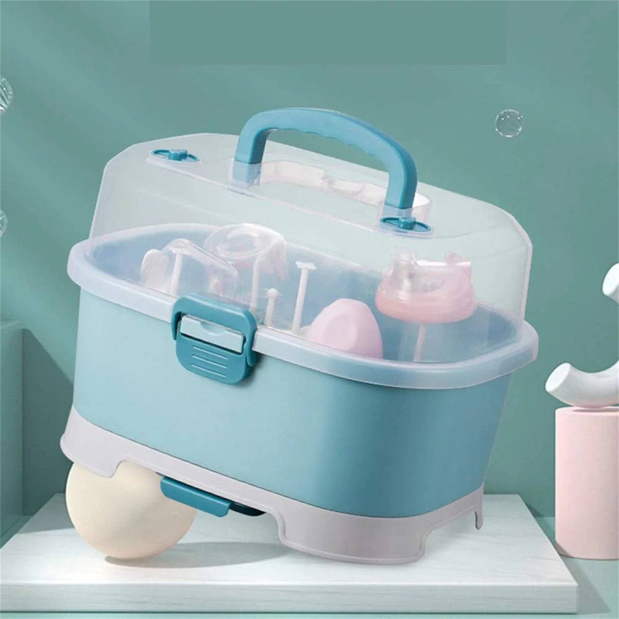 Baby Bottle Drying Rack Storage, Nursing Bottle Storage Box Organizer with Cover, Portable Kitchen Cabinet Organizer, High Capacity Bottle Dryer Holder for Bottles(Blue,11.81"Dx8.44"Wx8.85"H) Blue