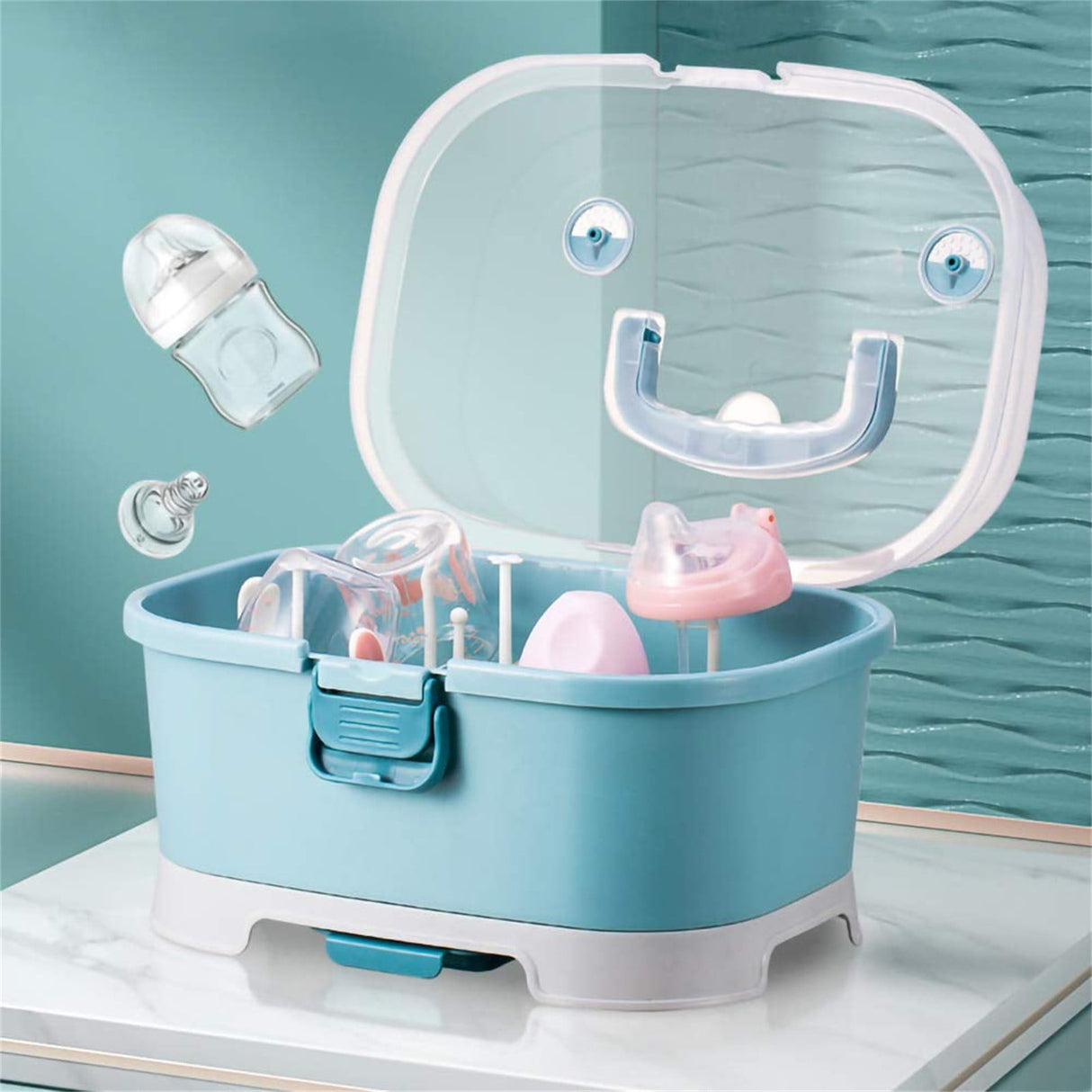 Baby Bottle Drying Rack Storage, Nursing Bottle Storage Box Organizer with Cover, Portable Kitchen Cabinet Organizer, High Capacity Bottle Dryer Holder for Bottles(Blue,11.81"Dx8.44"Wx8.85"H) Blue