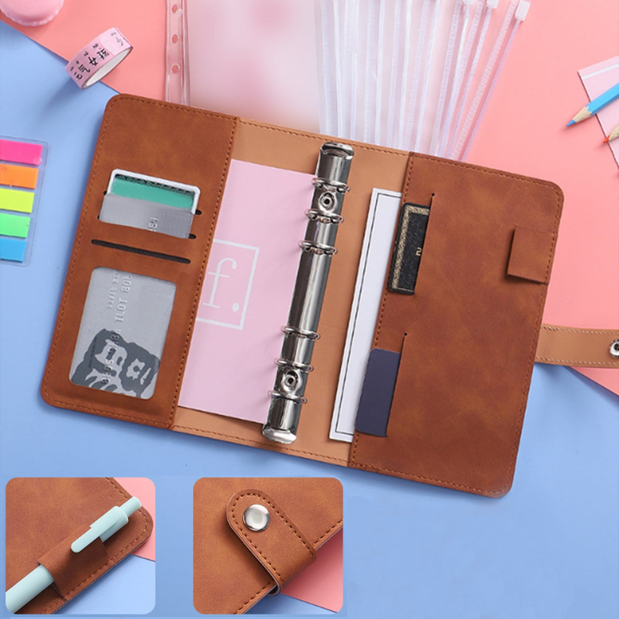 A6 PU Leather Notebook Binder Planner Budget Organizer Round Ring Binder Cover Magnetic Personal Planner Binder with 12 Binder Pocket Binder Zipper Folder for Bill Planner (Red) 4.92x7.48 4.92" x 7.48" Navy