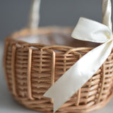 Wedding Flower Girl Basket, Wicker Rattan Flower Basket with Handle, Petal Basket Candy Storage Basket , Rattan Box Home Decoration, Khaki, 5.9x7.48 5.9