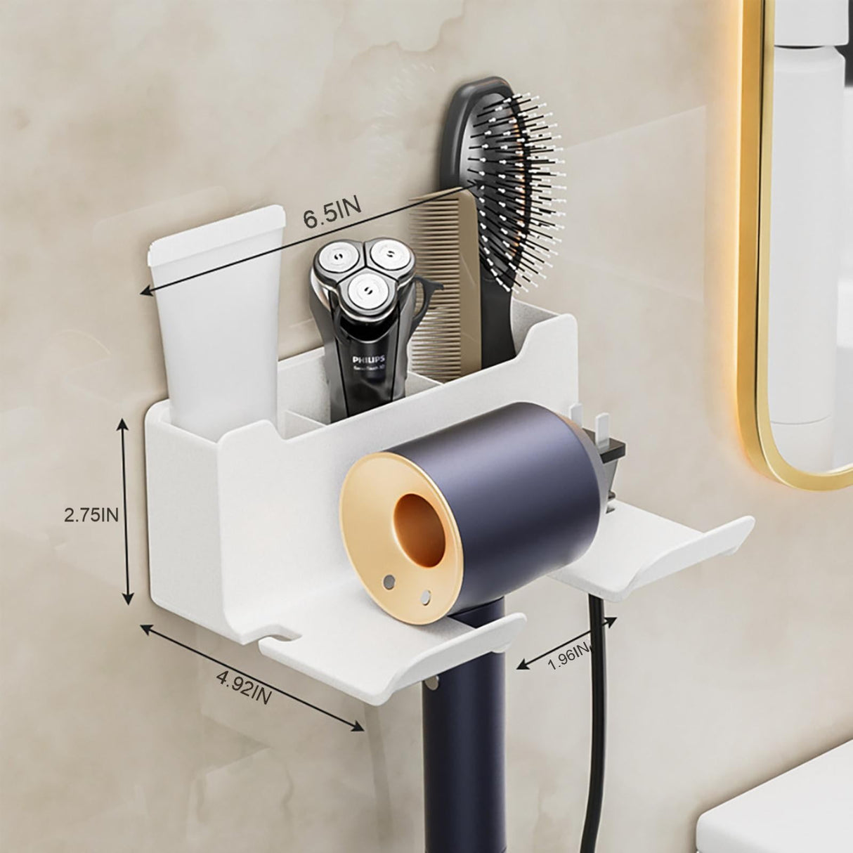 Hair Dryer Holder Wall Mounted, Self-Adhesive Blow Dryer Holder with 3 Storage Compartments, Plastic Hair Tool Organizer for Cabinet Bathroom, White, 6.5x2.75x4.92 6.5" x 2.75" x 4.92" Black