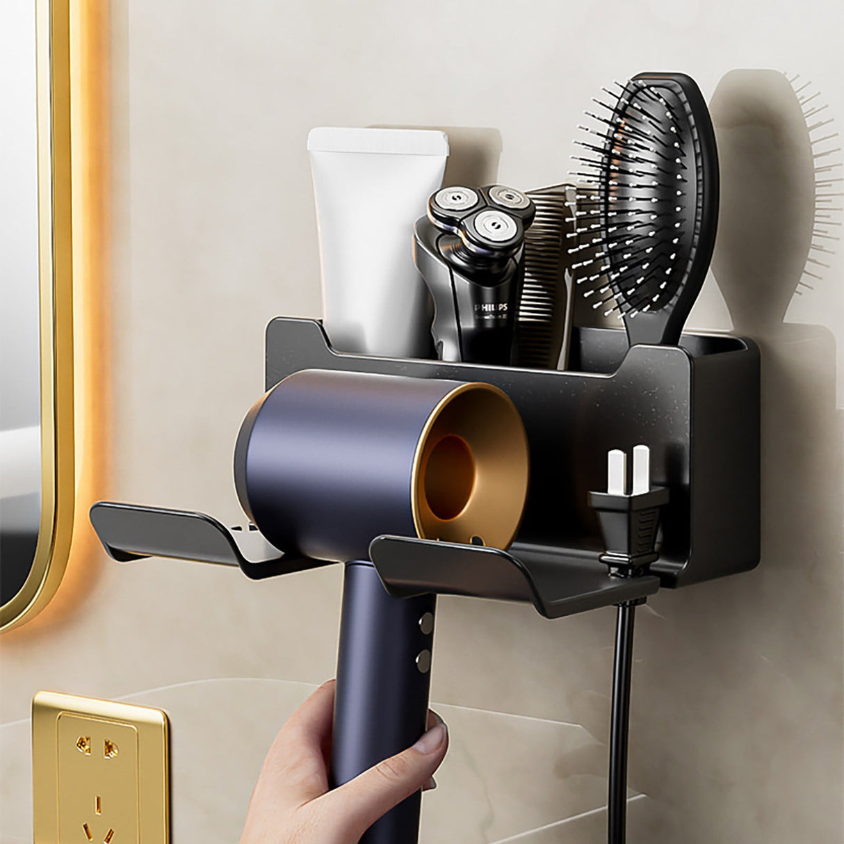 Hair Dryer Holder Wall Mounted, Self-Adhesive Blow Dryer Holder with 3 Storage Compartments, Plastic Hair Tool Organizer for Cabinet Bathroom, White, 6.5x2.75x4.92 6.5" x 2.75" x 4.92" White