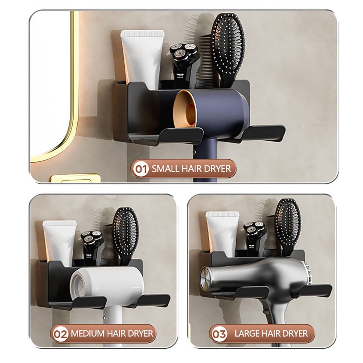 Hair Dryer Holder Wall Mounted, Self-Adhesive Blow Dryer Holder with 3 Storage Compartments, Plastic Hair Tool Organizer for Cabinet Bathroom, White, 6.5x2.75x4.92 6.5" x 2.75" x 4.92" White