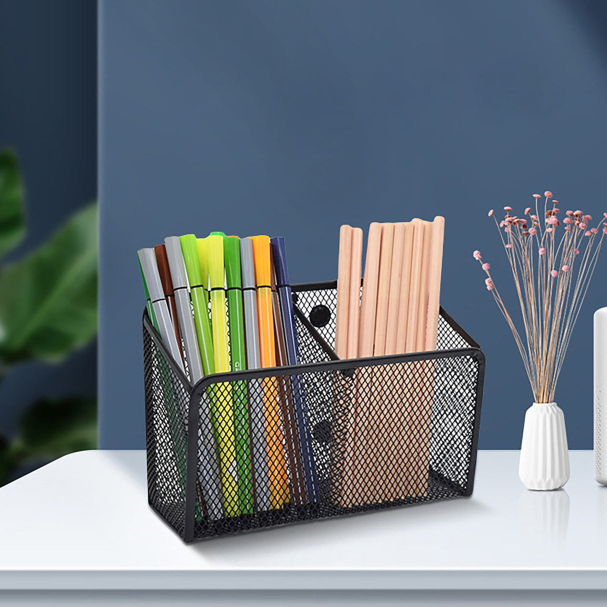 Magnetic Pen Holder, Heavy Duty 2 Slot Mesh Pencil & Marker Organizer for Desk, Extra Strong Magnets for Locker, Refrigerator, Dry Erase Board, Whiteboard Storage Solution, 7.28x2.68x4.92 3.35" x 2.17" x 3.94" Black