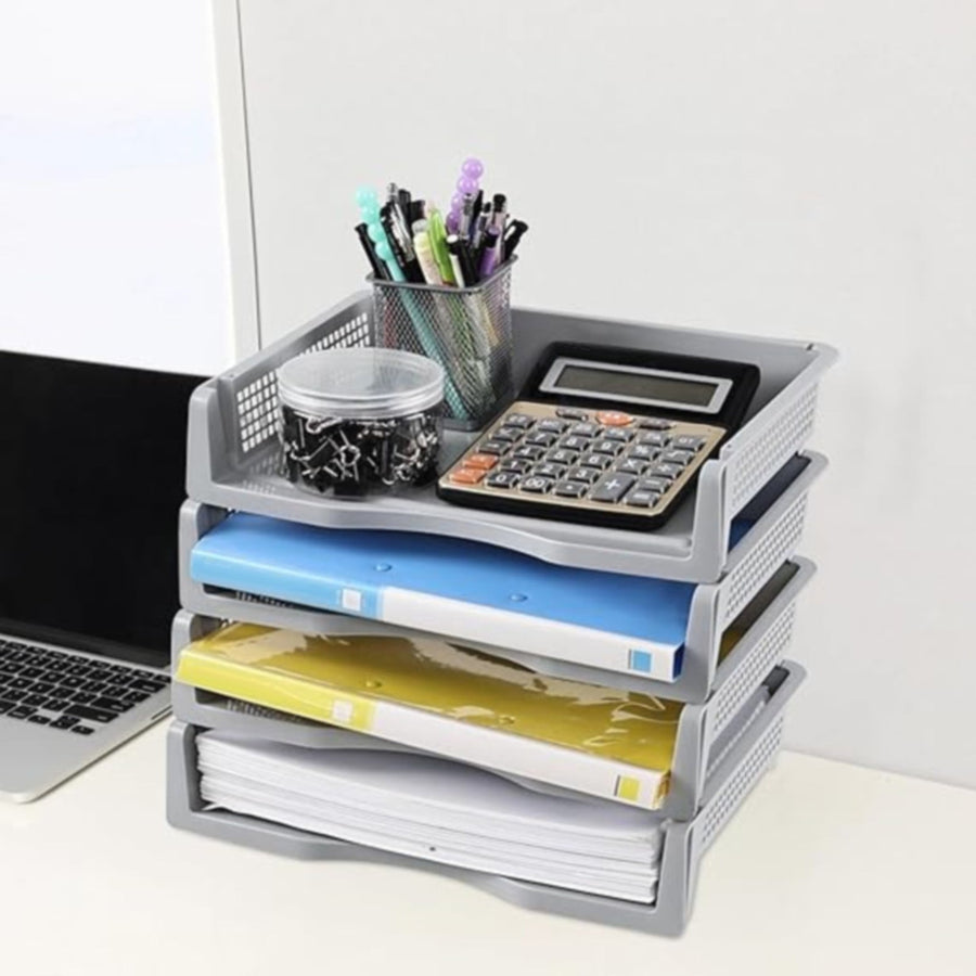 Stackable Paper Trays, Heavy Duty Rectangular Plastic Desk Holder Desktop Document File Organizer Storage Letter for Office Classroom (Clear) 12.8x9.84x2.16 12.8" x 9.84" x 2.16" Grey