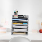 Stackable Paper Trays, Heavy Duty Rectangular Plastic Desk Holder Desktop Document File Organizer Storage Letter for Office Classroom (Clear) 12.8x9.84x2.16 12.8" x 9.84" x 2.16" Grey