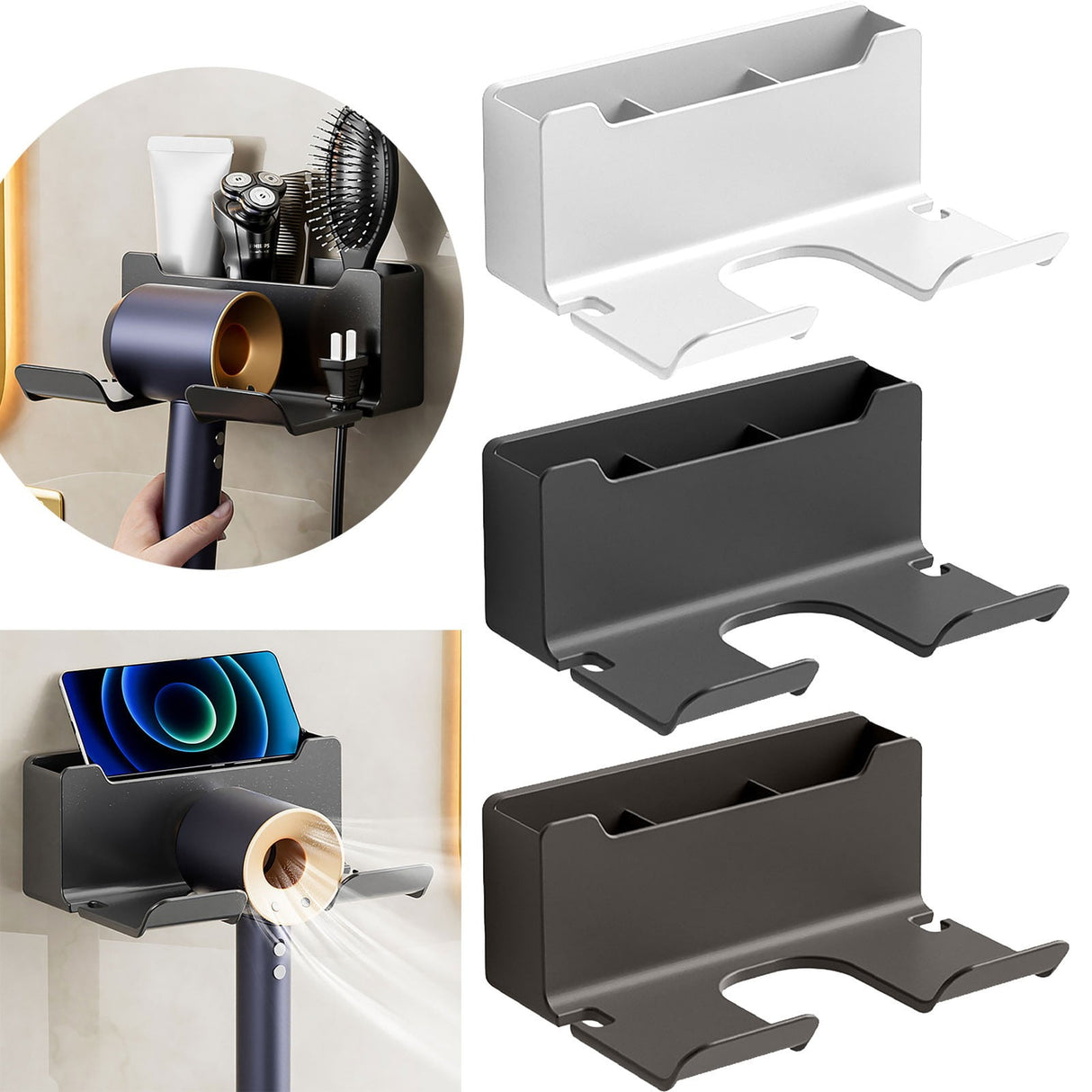 1 Pack Hair Dryer Holder, Wall Mount Self Adhesive Waterproof Blow Dryer Rack Storage Organizer Hanger, Compatible with Most Hair Blower Appliance, Curling Iron, Straightener(Z2-White) Z2-Grey