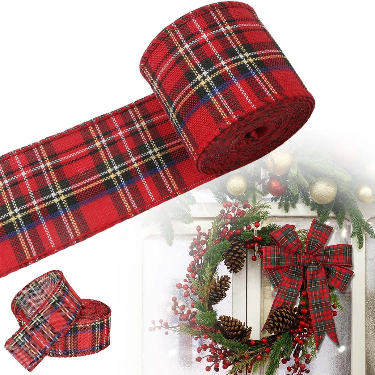 Christmas Red Plaid Ribbon,Wired Edge Wrapping Ribbons,Plaid Christmas Ribbon,Christmas Decorations,Tartan Decor For Gift Wrapping Xmas Crafts Wreath Diy Making Supplies Bow Decorations Red