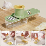 Mini Garlic Slicer Multi-Functional Mandoline Slicer Veggie Garlic Ginger Grinder Vegetable Mandoline Cutter with Container,Household Stainless Steel Wireslicer Ginger, Garlic Hand Cutting Tool Green