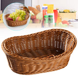 Oval Stackable Plastic Wicker Serving Basket, Imitation Rattan for Bread Fruit Vegetable, Kitchen Restaurant Indoor Outdoor, 19.0 x 13.0 x 7.0 cm, Brown - Front View