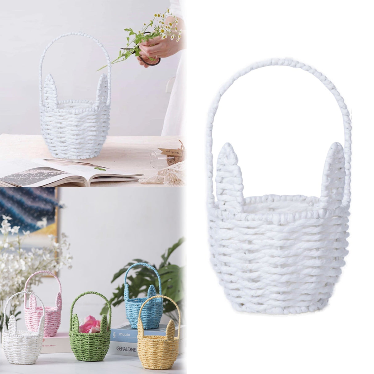 Oval Stackable Plastic Wicker Serving Basket, Imitation Rattan for Bread Fruit Vegetable, Kitchen Restaurant Indoor Outdoor, 12.4 x 20.8 cm, White