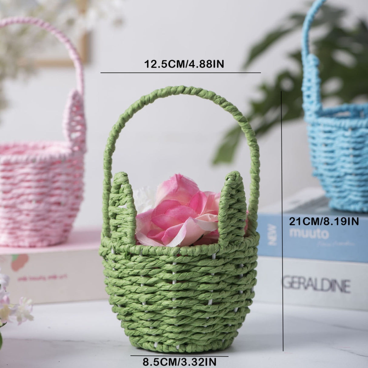 Oval Stackable Plastic Wicker Serving Basket, Imitation Rattan for Bread Fruit Vegetable, Kitchen Restaurant Indoor Outdoor, 12.4 x 20.8 cm, White