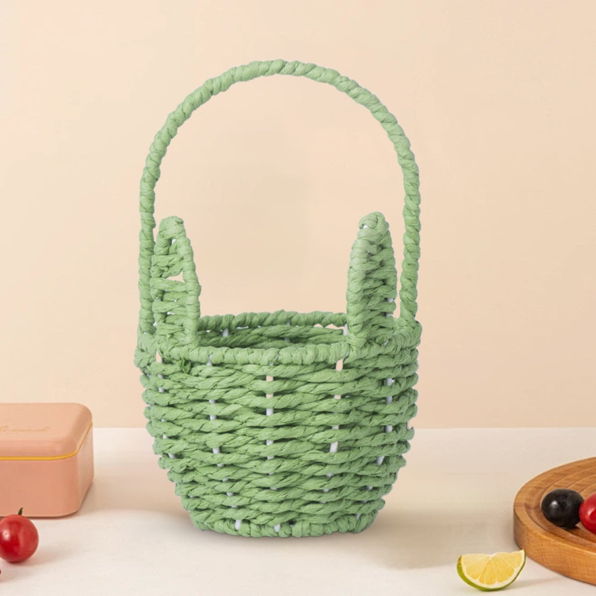 Oval Stackable Plastic Wicker Serving Basket, Imitation Rattan for Bread Fruit Vegetable, Kitchen Restaurant Indoor Outdoor, 12.4 x 20.8 cm, Yellow