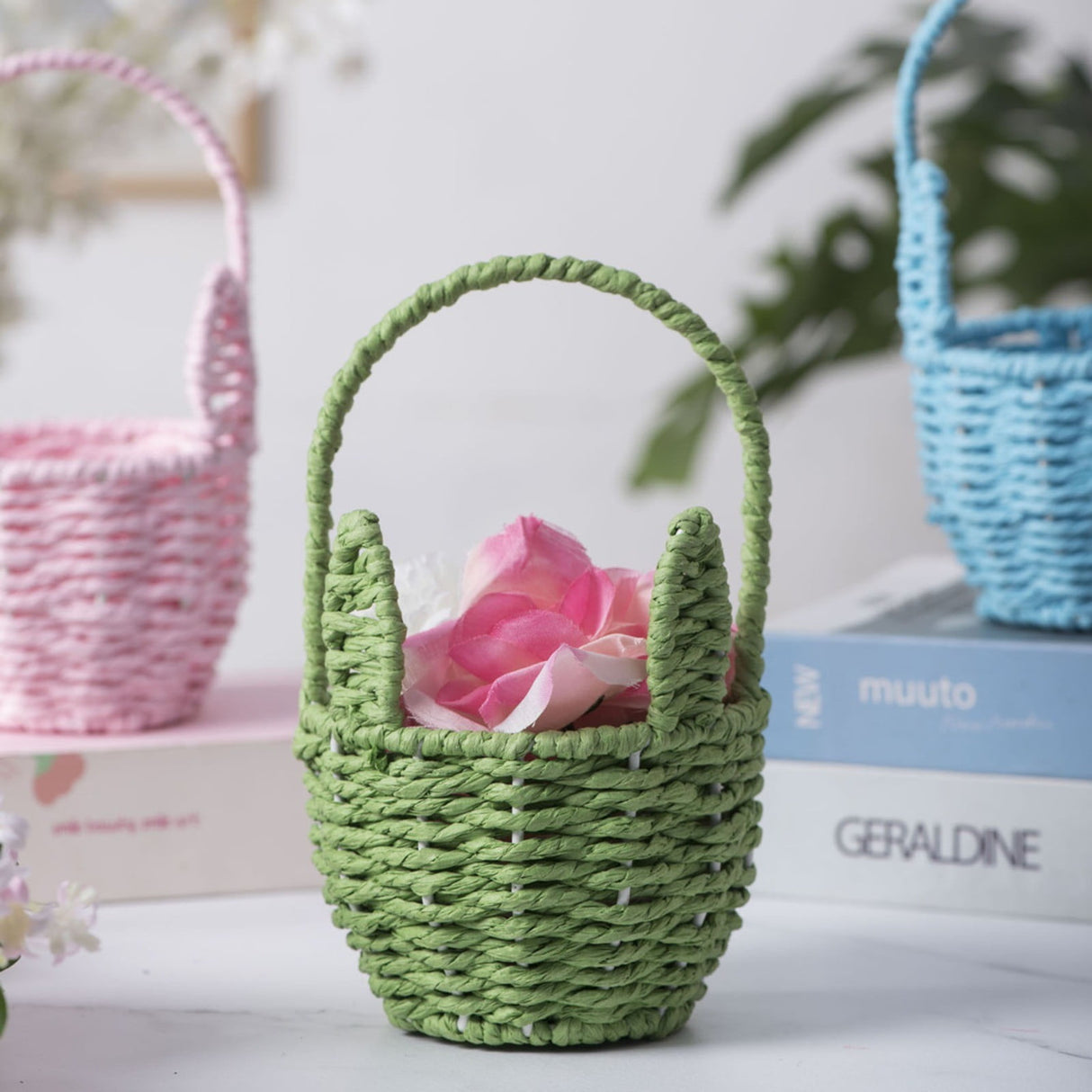 Oval Stackable Plastic Wicker Serving Basket, Imitation Rattan for Bread Fruit Vegetable, Kitchen Restaurant Indoor Outdoor, 12.4 x 20.8 cm, Yellow