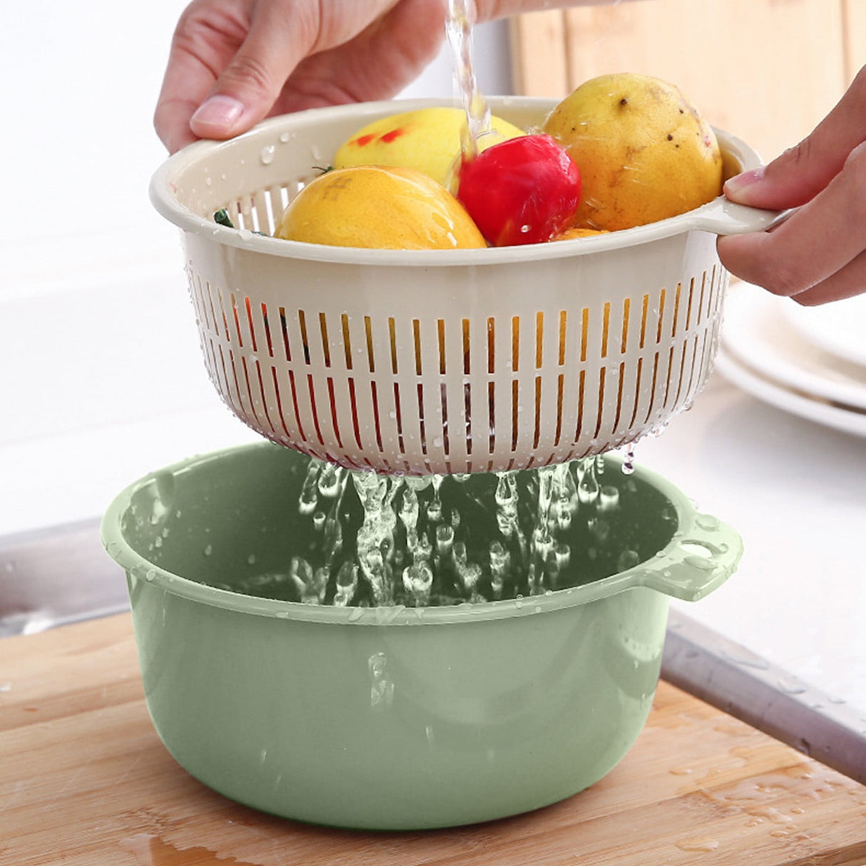 2 in 1 Kitchen Strainer Colander Bowls Set, Thickened Plastic Detachable Double Layer Drainage Basket Fruit Colander Draining Bowl Vegetable Washing Basket for Cleaning Washing, 7.87x3.54 7.87" x 3.54" Green