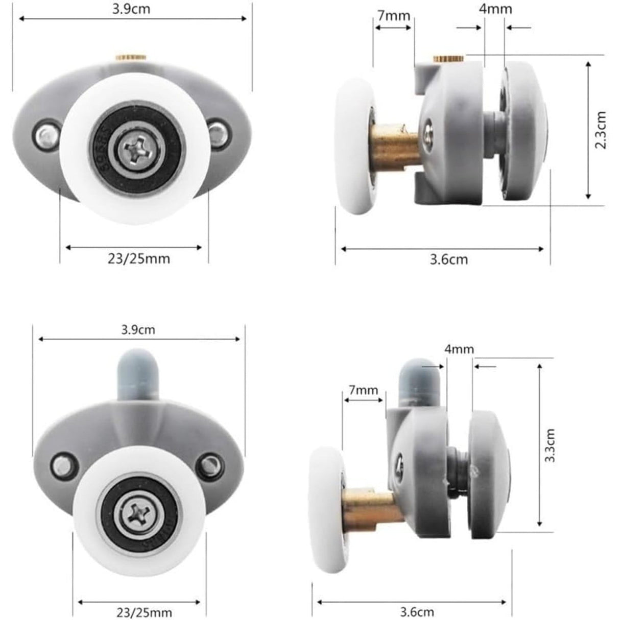 Shower Door Rollers, Single Shower Door Runners/Wheels/Pulleys/Guides 25mm Diameter Home Bathroom DIY Replacement Parts (2 Upper Rollers and 2 Bottom Rollers) 2 Set Multisize White/25 mm