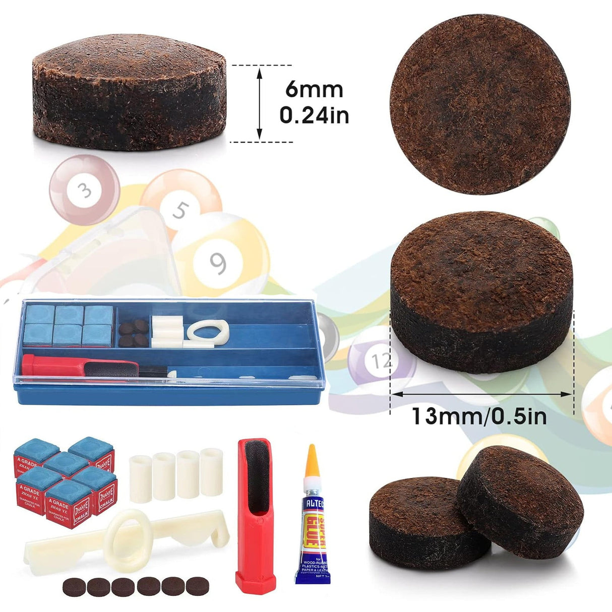Cue Stick Tip Repair Kit, Cue Tips Accessorie, Include Pool Cue Tips, Pool Cue Repairers, Billiard Cue Clamp, Cue Tip Glue, Billiards Shaper, Cue Tips Accessorie, 20 Pcs Set, 9.45x3.94x1.18 9.45" x 3.94" x 1.18" Blue*1 Set