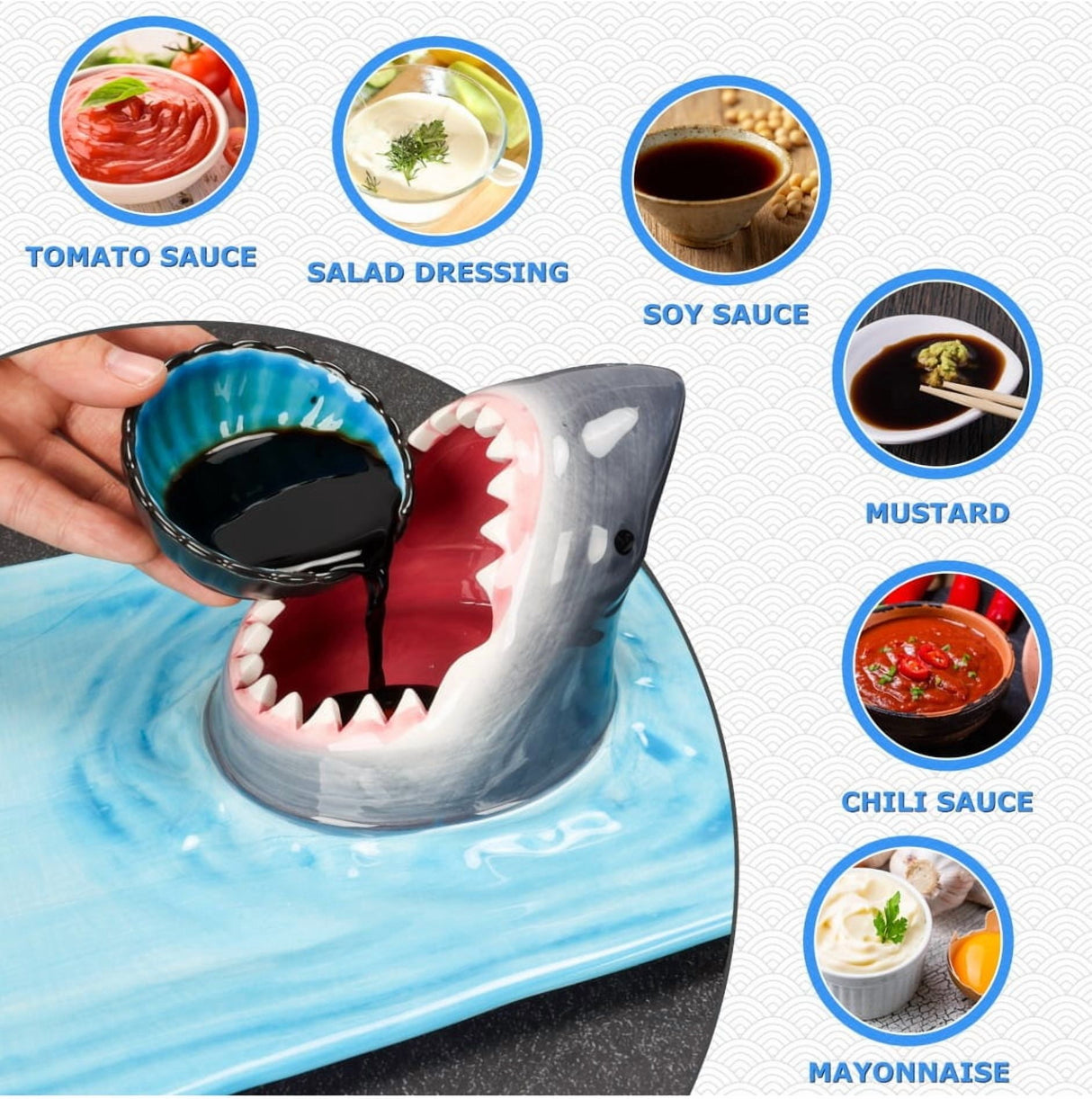Creative Shark Sushi Plate,Blue Ceramic Shark Plate,Shark Shaped Serving Platter,Food Serving Tray with Dipping Sauce Bowl,Gifts for Shark Party Lovers,Microwave/Oven/Dishwasher Safe Sushi Dishes A