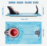 Creative Shark Sushi Plate,Blue Ceramic Shark Plate,Shark Shaped Serving Platter,Food Serving Tray with Dipping Sauce Bowl,Gifts for Shark Party Lovers,Microwave/Oven/Dishwasher Safe Sushi Dishes B - Front View
