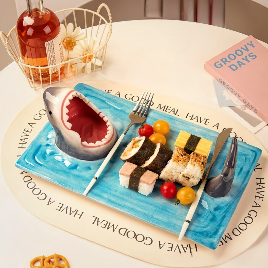 Creative Shark Sushi Plate,Blue Ceramic Shark Plate,Shark Shaped Serving Platter,Food Serving Tray with Dipping Sauce Bowl,Gifts for Shark Party Lovers,Microwave/Oven/Dishwasher Safe Sushi Dishes B
