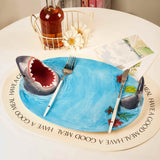 Creative Shark Sushi Plate,Blue Ceramic Shark Plate,Shark Shaped Serving Platter,Food Serving Tray with Dipping Sauce Bowl,Gifts for Shark Party Lovers,Microwave/Oven/Dishwasher Safe Sushi Dishes C - Front View