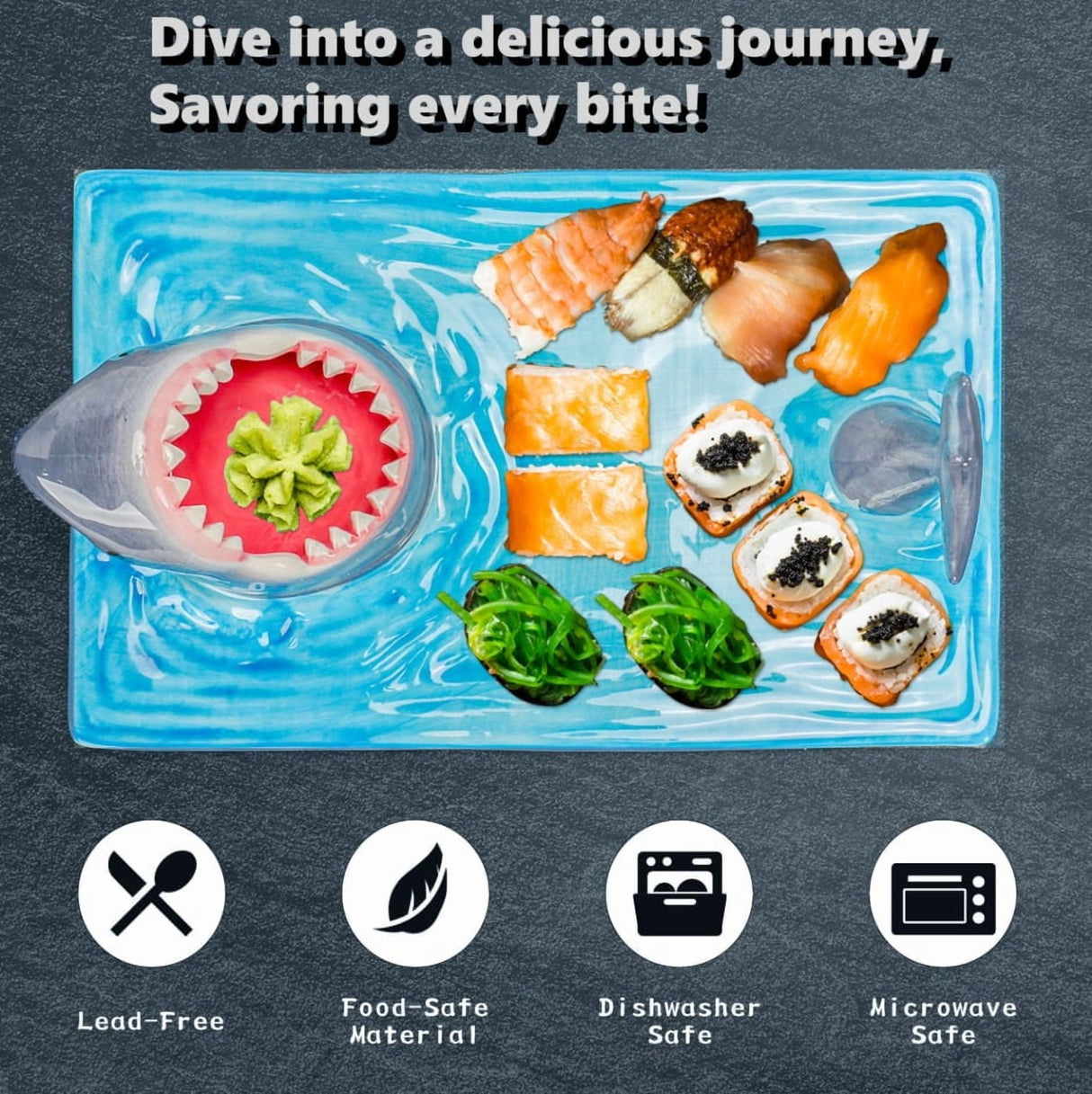 Creative Shark Sushi Plate,Blue Ceramic Shark Plate,Shark Shaped Serving Platter,Food Serving Tray with Dipping Sauce Bowl,Gifts for Shark Party Lovers,Microwave/Oven/Dishwasher Safe Sushi Dishes C
