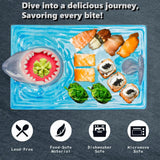 Creative Shark Sushi Plate,Blue Ceramic Shark Plate,Shark Shaped Serving Platter,Food Serving Tray with Dipping Sauce Bowl,Gifts for Shark Party Lovers,Microwave/Oven/Dishwasher Safe Sushi Dishes C