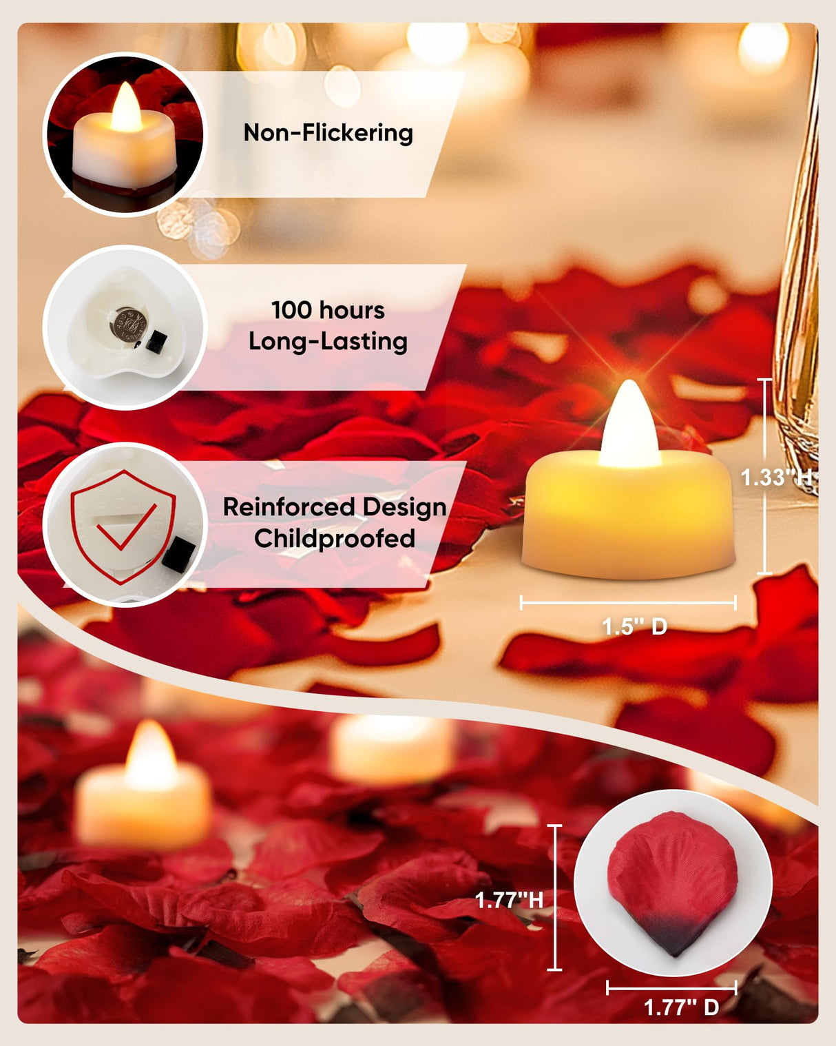 Battery Operated Candles - Set of Rose Petal Candles - 99 Artificial Rose Petals - 24 Heart-Shaped LED Tea Lights - Suitable for Proposals - Anniversaries - Romantic Evenings - Table Decorations - Weddings - Birthdays