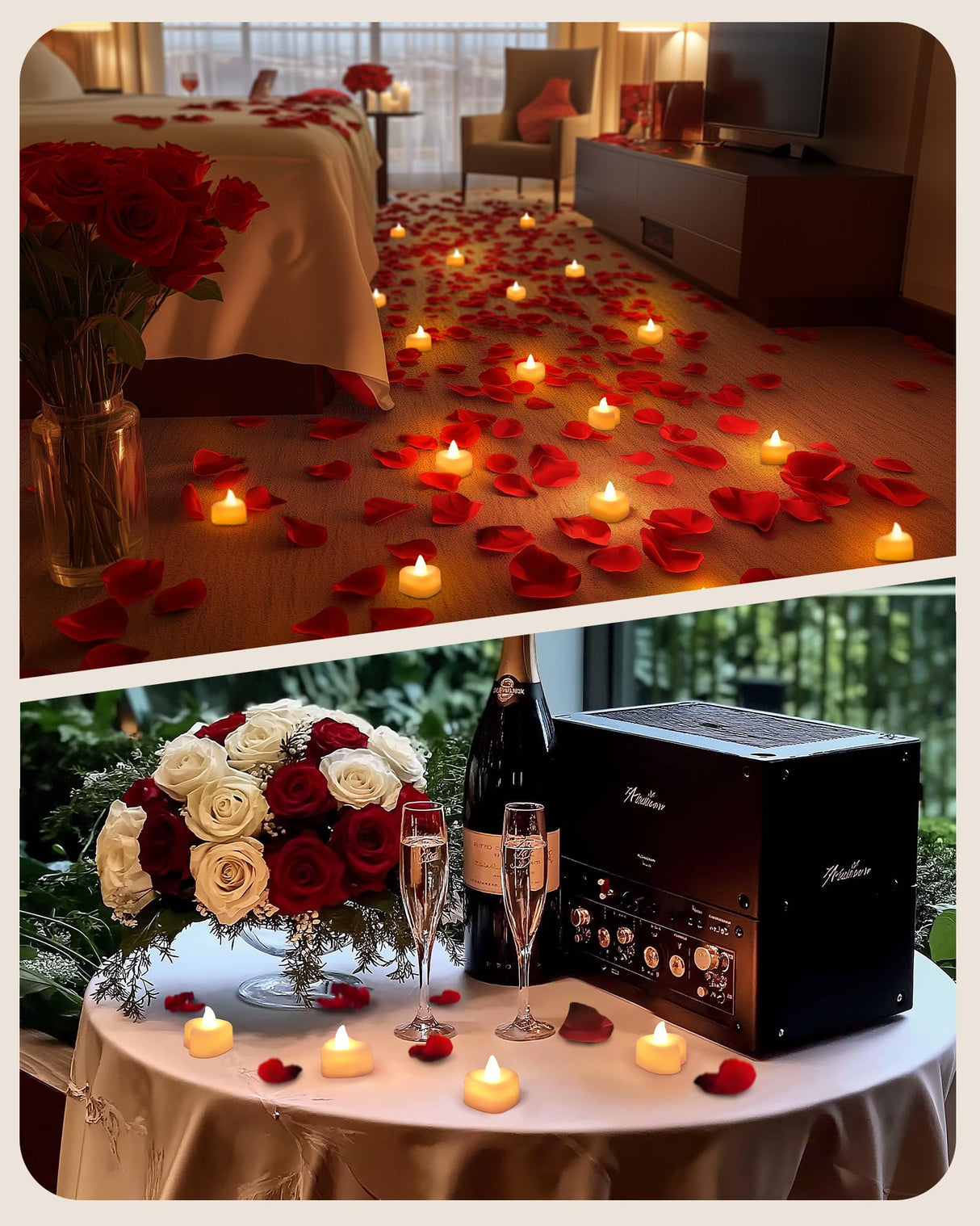 Battery Operated Candles - Set of Rose Petal Candles - 99 Artificial Rose Petals - 24 Heart-Shaped LED Tea Lights - Suitable for Proposals - Anniversaries - Romantic Evenings - Table Decorations - Weddings - Birthdays