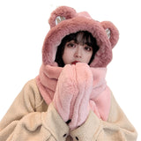 Winter Hat - Scarf - Mittens - 3 in 1 Set - Teddy Hat - Women's Winter Hat - Girls' Hat - Plush Hat - Hat with Ears - Warm Winter Set - Bear Hat - Soft Scarf - Hooded Hat - Fleece Hat - Gift for Women - Pink - One Size - Fluffy Hat - 1 Piece