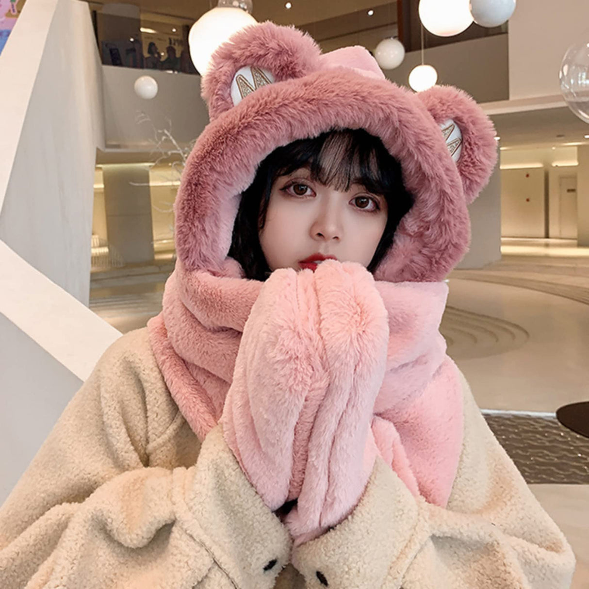Winter Hat - Scarf - Mittens - 3 in 1 Set - Teddy Hat - Women's Winter Hat - Girls' Hat - Plush Hat - Hat with Ears - Warm Winter Set - Bear Hat - Soft Scarf - Hooded Hat - Fleece Hat - Gift for Women - Pink - One Size - Fluffy Hat - 1 Piece