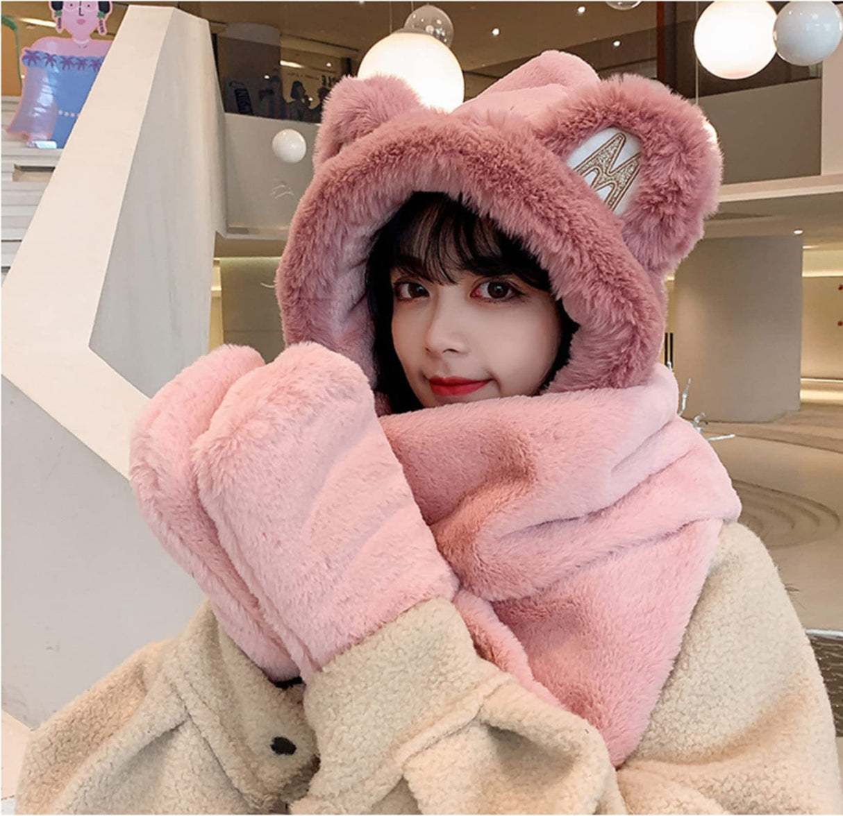Winter Hat - Scarf - Mittens - 3 in 1 Set - Teddy Hat - Women's Winter Hat - Girls' Hat - Plush Hat - Hat with Ears - Warm Winter Set - Bear Hat - Soft Scarf - Hooded Hat - Fleece Hat - Gift for Women - Pink - One Size - Fluffy Hat - 1 Piece