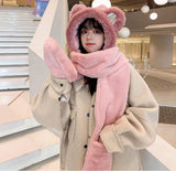 Winter Hat - Scarf - Mittens - 3 in 1 Set - Teddy Hat - Women's Winter Hat - Girls' Hat - Plush Hat - Hat with Ears - Warm Winter Set - Bear Hat - Soft Scarf - Hooded Hat - Fleece Hat - Gift for Women - Pink - One Size - Fluffy Hat - 1 Piece