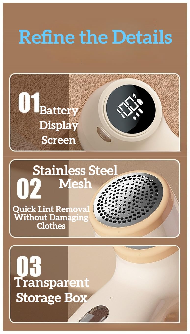 Lint Remover - Lint Trimmer - Lint Remover - Electric Lint Remover - Clothes Roller - Lint Brush - Rechargeable - LED Display - Cordless - Clothes Shaving - Lint Removal - Wool Comb - Beige - 1 Piece