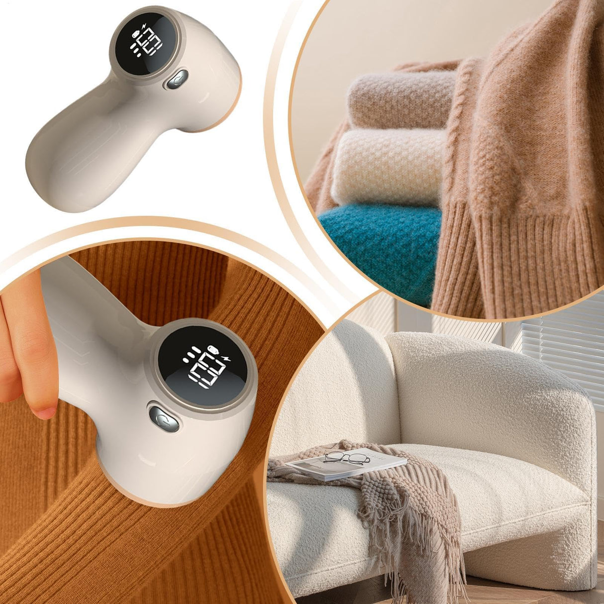 Lint Remover - Lint Trimmer - Lint Remover - Electric Lint Remover - Clothes Roller - Lint Brush - Rechargeable - LED Display - Cordless - Clothes Shaving - Lint Removal - Wool Comb - Beige - 1 Piece
