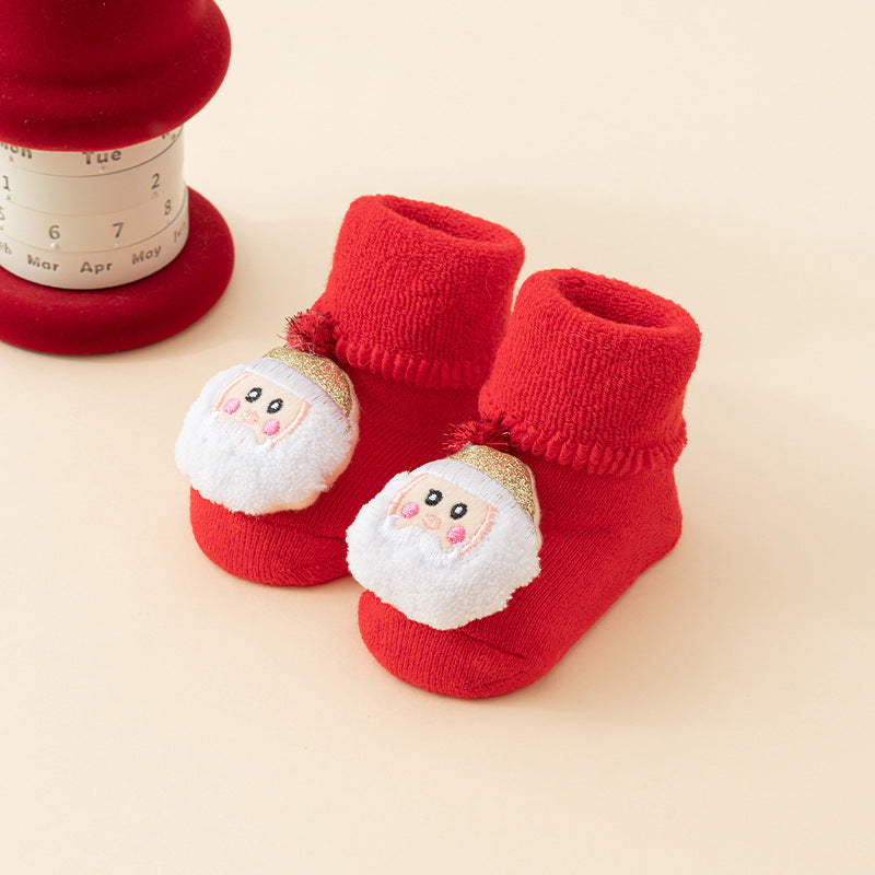 Baby Christmas Socks - Non-Slip Baby Socks - First Christmas - Warm House Socks - Snowman - Reindeer - Christmas Tree - Santa Hat - Christmas Gift - Booties - Winter Clothes - Maternity Gift - 3D Figures - Christmas Outfit - Red Mix - 6 Pairs