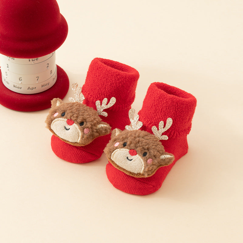 Baby Christmas Socks - Non-Slip Baby Socks - First Christmas - Warm House Socks - Snowman - Reindeer - Christmas Tree - Santa Hat - Christmas Gift - Booties - Winter Clothes - Maternity Gift - 3D Figures - Christmas Outfit - Red Mix - 6 Pairs