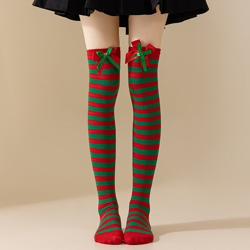 Christmas Socks Women - Overknee Socks - Christmas Knee Socks - Striped Socks - Elf Costume - Santa Claus - Stockings with Bow - Thigh High Stockings - Fancy Dress - Christmas Outfit - Holidays - Long Socks - Christmas Accessories - Multicolor - 5 Pairs