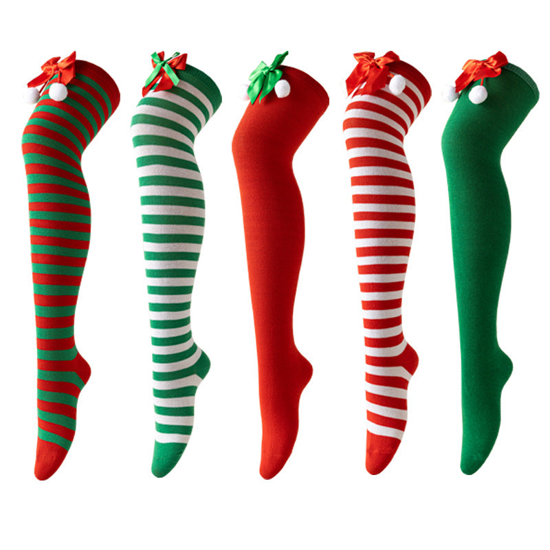 Christmas Socks Women - Overknee Socks - Christmas Knee Socks - Striped Socks - Elf Costume - Santa Claus - Stockings with Bow - Thigh High Stockings - Fancy Dress - Christmas Outfit - Holidays - Long Socks - Christmas Accessories - Multicolor - 5 Pairs