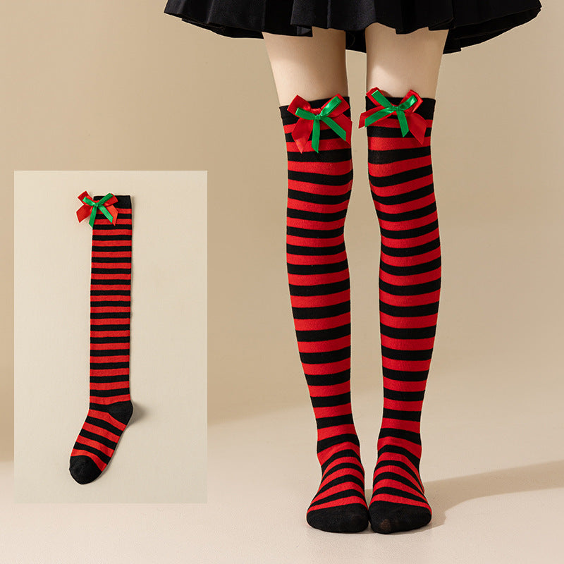 Christmas Socks Women - Overknee Socks - Christmas Knee Socks - Striped Socks - Elf Costume - Santa Claus - Stockings with Bow - Thigh High Stockings - Fancy Dress - Christmas Outfit - Holidays - Long Socks - Christmas Accessories - Multicolor - 5 Pairs