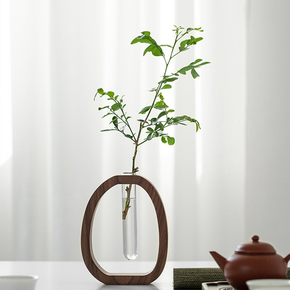 Hydroponic Plant Cutting Station with Glass Test Tube Vase and Wooden Stand for Flowers, Propagation and Home Decor, Brown