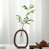 Hydroponic Plant Cutting Station with Glass Test Tube Vase and Wooden Stand for Flowers, Propagation and Home Decor, Brown